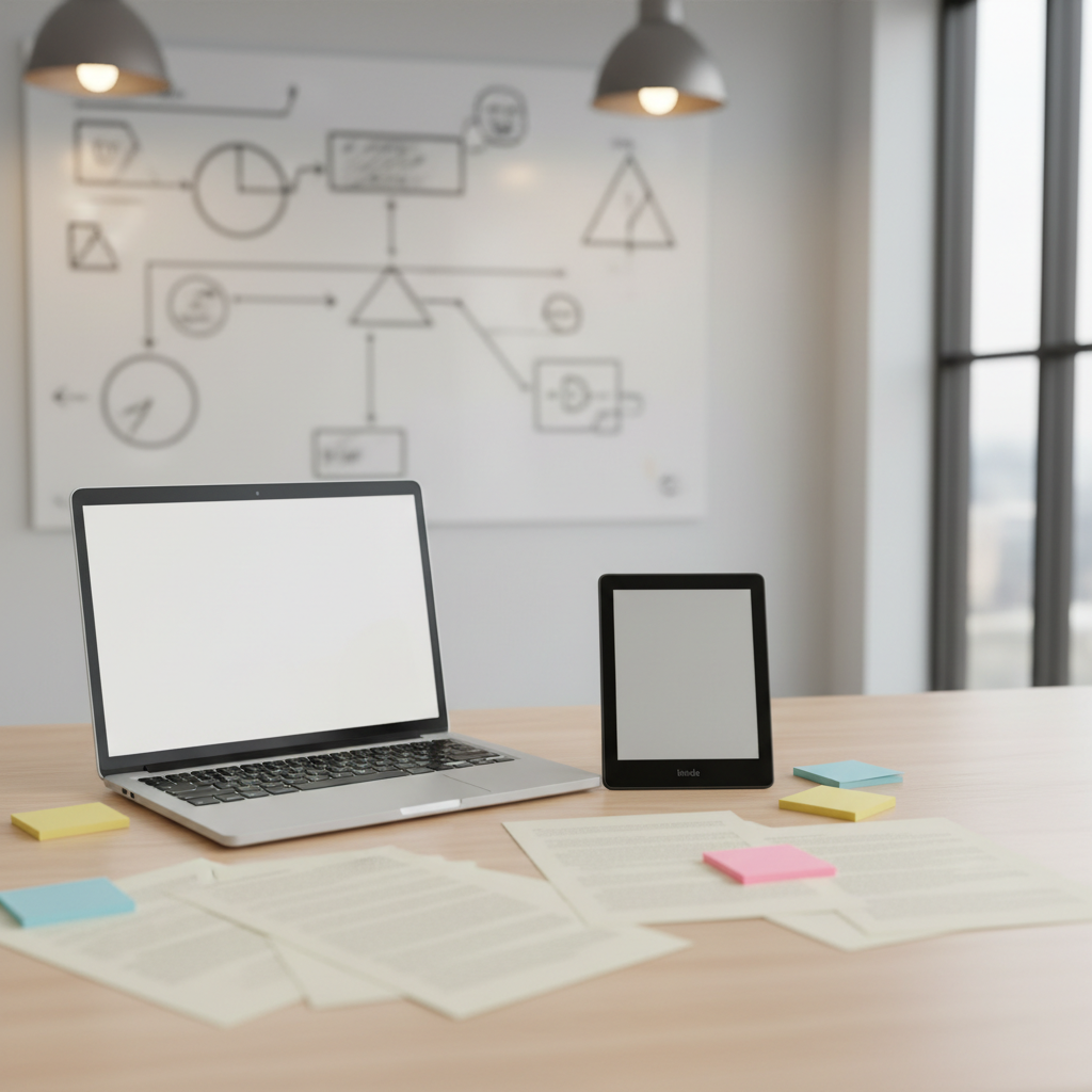 A clean, contemporary office table with an open, text-free laptop, a tablet resembling a Kindle device lying beside it, and several unmarked manuscript pages arranged in a loose but tidy spread. Colorful sticky notes without writing add a sense of planning and structure. In the blurred background, a large whiteboard filled with abstract shapes and arrows suggests a step-by-step publishing process without readable words. Soft overhead lighting mixes with cool daylight from side windows, producing a bright, focused mood. Captured from a slightly elevated angle in photographic realism, the composition uses the rule of thirds to draw the eye toward the tablet, symbolizing the transition from expert knowledge to digital Kindle publication.