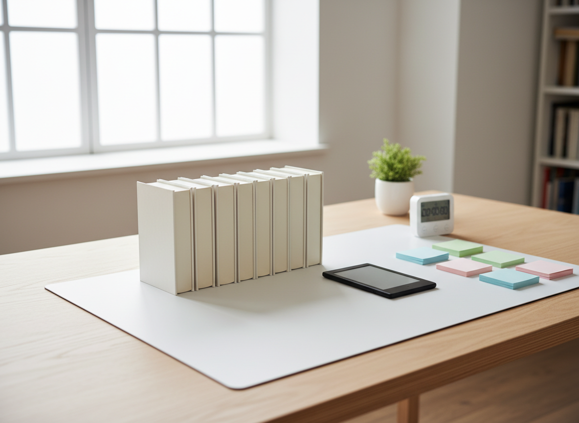 A large, minimalist desk in a well-lit studio office, carefully arranged with multiple unbranded physical books standing in a neat row beside a single Kindle-style device lying flat on a smooth white desk mat. Nearby, color-coded index cards, a slim digital timer, and a simple plant in a white pot hint at a structured, supportive workflow for beginners in publishing. Bright, diffused daylight from a wide window illuminates the scene evenly, while subtle shadows add depth without distraction. Shot from a wide, slightly elevated angle in photographic realism, the image emphasizes clarity, organization, and the transformation of accumulated expertise into a polished Kindle publication asset.