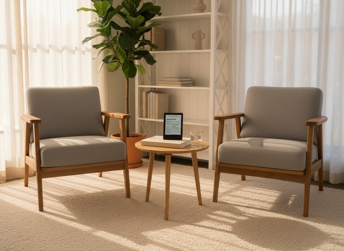 A cozy consulting-style meeting space without people, featuring two facing armchairs with clean lines and a small round wooden table between them. On the table rests a single Kindle-like e-reader atop a closed, fabric-covered notebook, alongside a simple glass of water. Behind, a tall plant and an open shelf with a few neutral-toned books create a sense of growth and learning. Warm afternoon sunlight filters through sheer curtains, casting gentle, elongated shadows across the rug. Photographic realism at eye level, with balanced composition and moderate depth of field, creates an inviting, mentoring atmosphere that suggests one-on-one Kindle publishing support for professionals and experts.